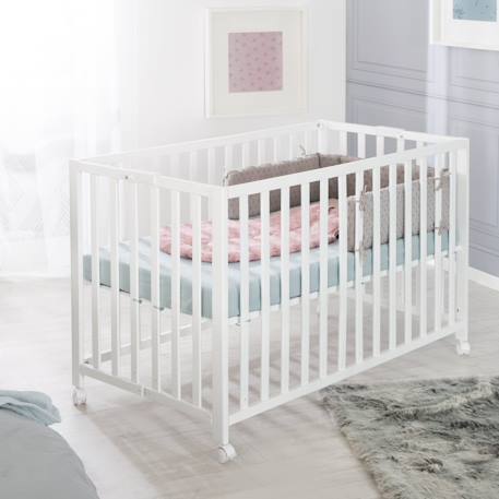 Lit bébé pliant sur roulettes à frein fold up Blanc+Bois naturel+Gris taupe 1 - vertbaudet enfant 