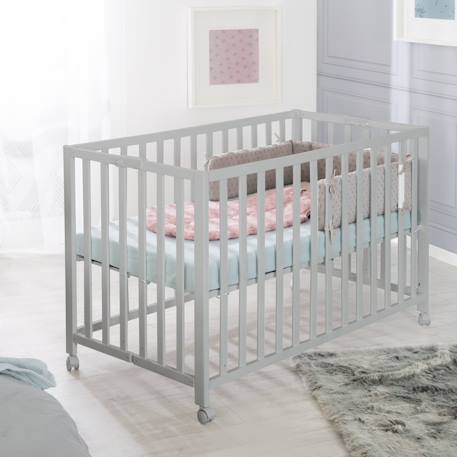 Lit bébé pliant sur roulettes à frein fold up Blanc+Bois naturel+Gris taupe 12 - vertbaudet enfant 