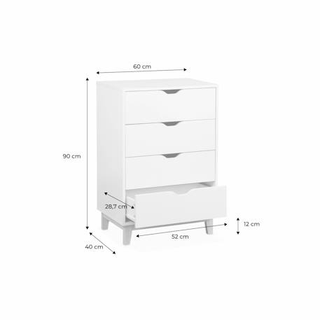Commode blanche scandinave - floki - chiffonnier avec pieds en bois de sapin, 4 tiroirs, 60x40x90cm Blanc 5 - vertbaudet enfant 