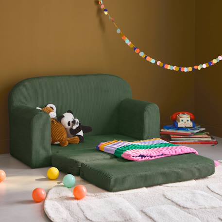 Canapé lit enfant en velours côtelé dépliable, l 90 x p 43 x h 51,5 cm Crème+Kaki 10 - vertbaudet enfant 
