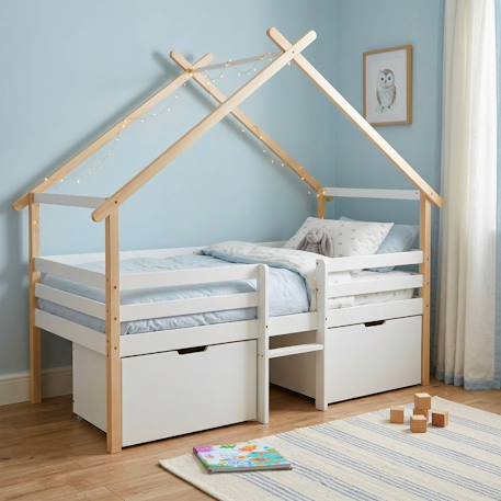 Lit cabane enfant 90 x 190 cm bois de pin blanc sommier à lattes inclus et 2 tiroirs - sienna Blanc 3 - vertbaudet enfant 