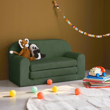 Canapé lit enfant en velours côtelé dépliable, l 90 x p 43 x h 51,5 cm Crème+Kaki 9 - vertbaudet enfant 