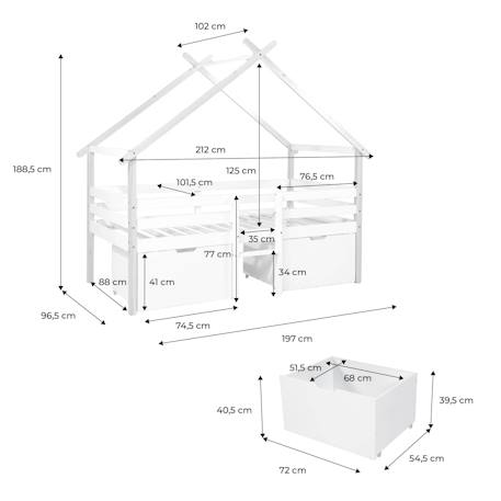 Lit cabane enfant 90 x 190 cm bois de pin blanc sommier à lattes inclus et 2 tiroirs - sienna Blanc 4 - vertbaudet enfant 