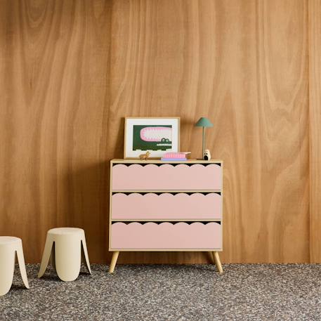 Commode enfant décor bois 3 tiroirs, pieds bois de pin - 80 x 30 x 79 cm - azur Naturel+Rose+Vert 9 - vertbaudet enfant 