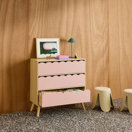 Commode enfant décor bois 3 tiroirs, pieds bois de pin - 80 x 30 x 79 cm - azur Naturel+Rose+Vert 10 - vertbaudet enfant 