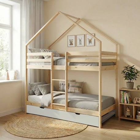 Lit enfant superposé cabane 90 x 190 cm pin naturel avec sommier et lit tiroir - roya Blanc+Vert 3 - vertbaudet enfant 