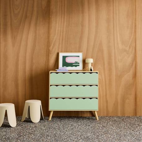 Commode enfant décor bois 3 tiroirs, pieds bois de pin - 80 x 30 x 79 cm - azur Naturel+Rose+Vert 15 - vertbaudet enfant 