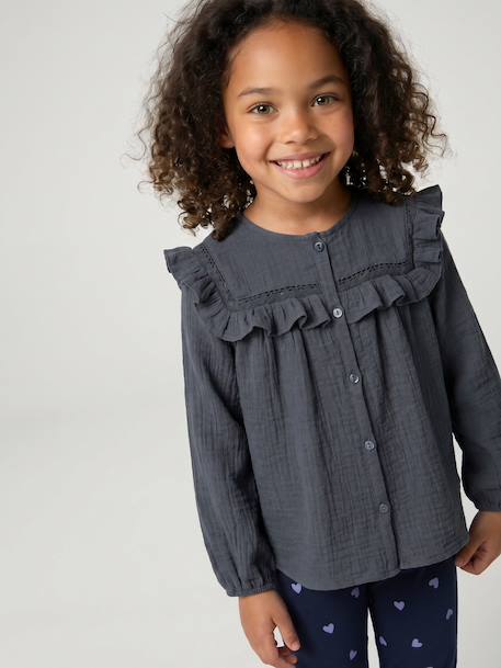 Chemise manches longues fille bleu ardoise+rose poudré+vanille 1 - vertbaudet enfant 