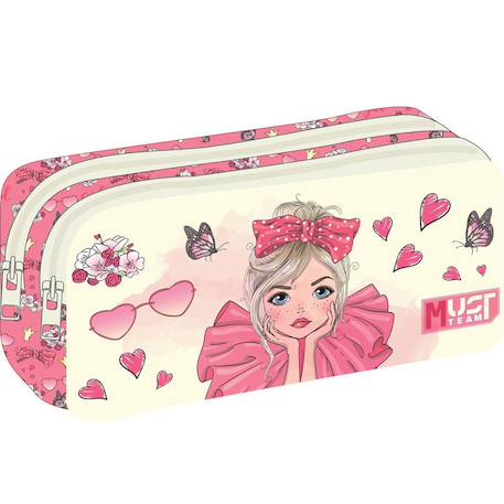 Trousse rectangulaire must team pretty girl à 2 compartiments zippés Blanc / blanc / noir 1 - vertbaudet enfant 