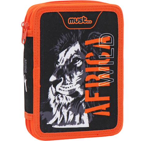 Trousse garnie double compartiment toile imprimée lion Noir / orange 1 - vertbaudet enfant 