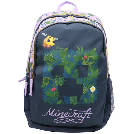 Sac à dos scolaire motif creeper floral minecraft avec 2 compartiments 44 cm Noir / violet / bleu 1 - vertbaudet enfant 