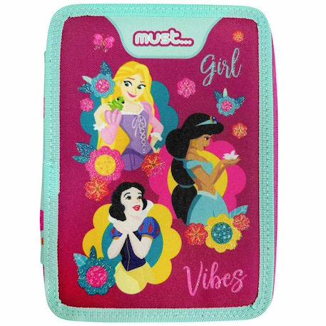 Trousse garnie double compartiment textile disney princess vibes 21 cm Rose/vert 1 - vertbaudet enfant 