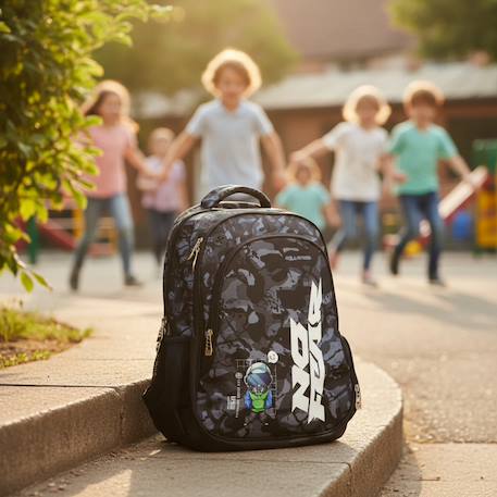 Sac à dos scolaire imprimé camouflage et robot Noir / gris / blanc 2 - vertbaudet enfant 