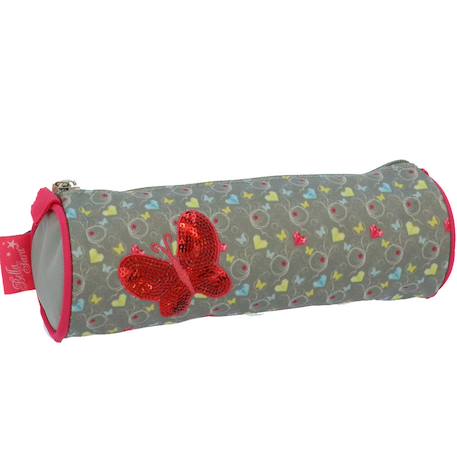 Trousse cylindrique tissu imprimé papillons sequins bella sara Blanc / rose / gris 1 - vertbaudet enfant 