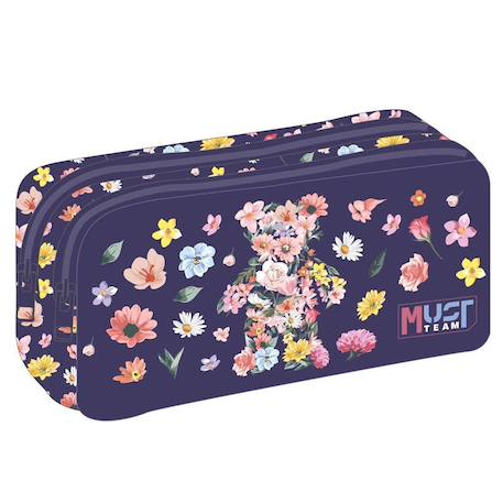 Fille-Accessoires-Trousse rectangulaire fleurs multicolores avec 2 compartiments zippés 21 cm