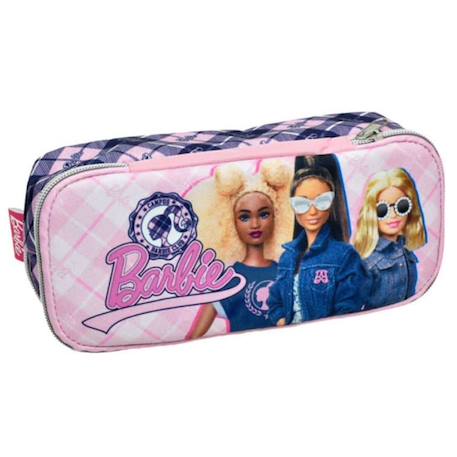 Trousse scolaire textile double zip barbie campus argyle 23 cm Blanc / rose / bleu 1 - vertbaudet enfant 
