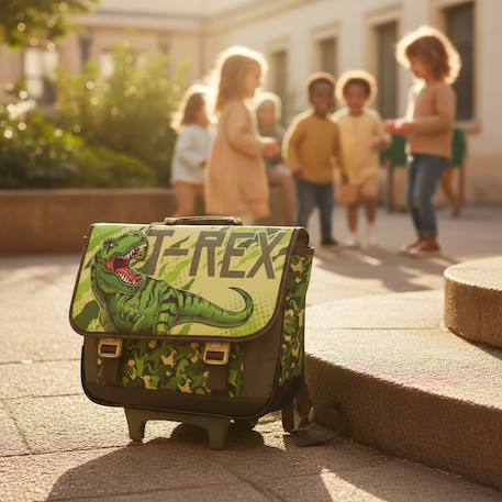 Cartable à roulettes t-rex deux compartiments toile renforcée Vert/bois 2 - vertbaudet enfant 