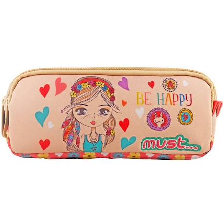 Trousse rectangulaire cmp be happy – 2 compartiments zippés 21 cm Beige / blanc 1 - vertbaudet enfant 