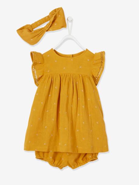 Ensemble imprimé robe, bloomer et bandeau bébé orange imprimé+rose imprimé 1 - vertbaudet enfant 