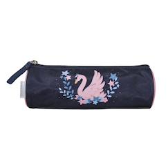 -Phileas-trousse scolaire ronde cygne - bleu marine - rose - fille - 1 compartiment