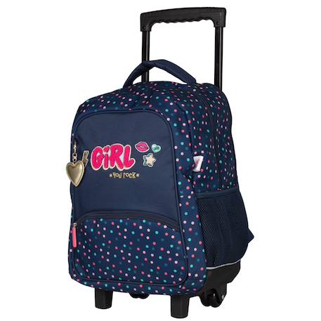 Fille-Sac à dos à roulettes fille KIP Girl You Rock avec 2 compartiments – CP/CE1/CE2 – Bleu marine à pois colorés