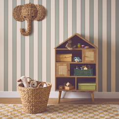 Chambre et rangement-Rangement-Bibliothèque, étagère-Etagère bibliothèque décor bois, 7 compartiments et 2 portes en cannage