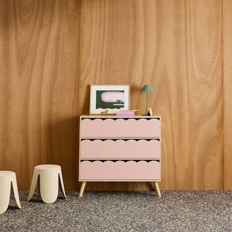 Commode enfant décor bois 3 tiroirs, pieds bois de pin - 80 x 30 x 79 cm - azur Naturel+Rose+Vert 7 - vertbaudet enfant 