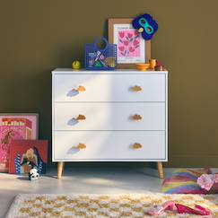 Puériculture-Commode enfant, décor bois, 3 tiroirs, pieds et poignées nuage en pin