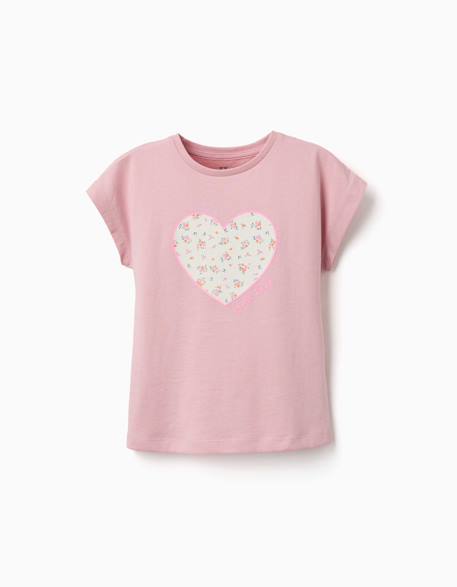 T-shirt fille manches courtes cœur floral Rose clair 1 - vertbaudet enfant 