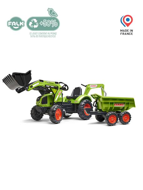Tractopelle à pédales avec excavatrice arrière, selle pivotante et remorque double essieux basculante Jaune komatsu+Vert claas 10 - vertbaudet enfant 