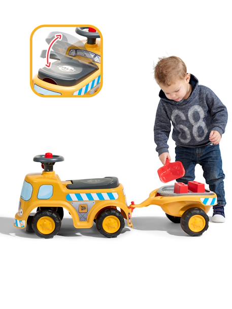 Porteur chantier avec assise ouvrante et volant directionnel avec klaxon, remorque et jeux de sable Jaune JCB+Jaune Volvo 4 - vertbaudet enfant 