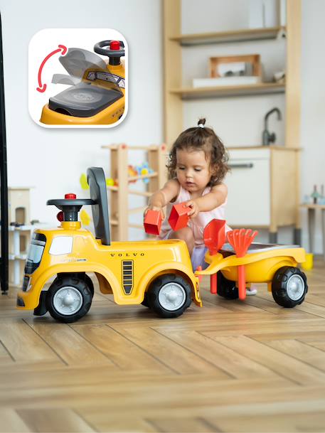 Porteur chantier avec assise ouvrante et volant directionnel avec klaxon, remorque et jeux de sable Jaune JCB+Jaune Volvo 7 - vertbaudet enfant 