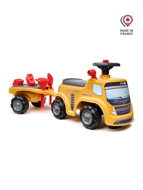 Porteur chantier avec assise ouvrante et volant directionnel avec klaxon, remorque et jeux de sable Jaune JCB+Jaune Volvo 9 - vertbaudet enfant 