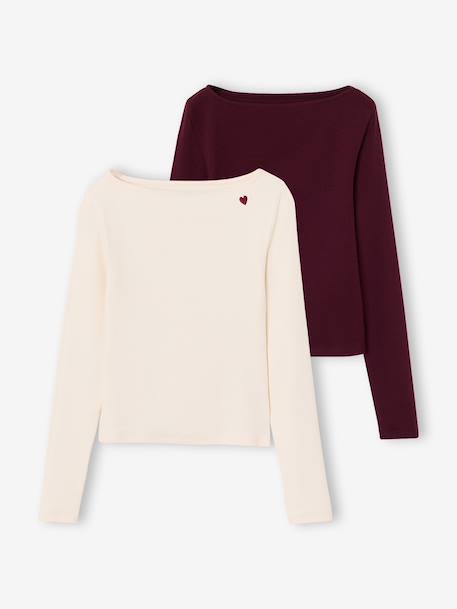 Lot de 2 t-shirts en côtes fille bordeaux+gris chiné 1 - vertbaudet enfant 