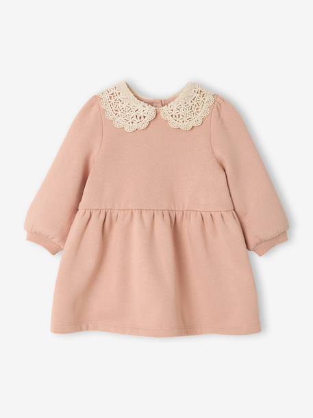 Robe bébé en molleton avec col en crochet rose poudré+vert 1 - vertbaudet enfant 