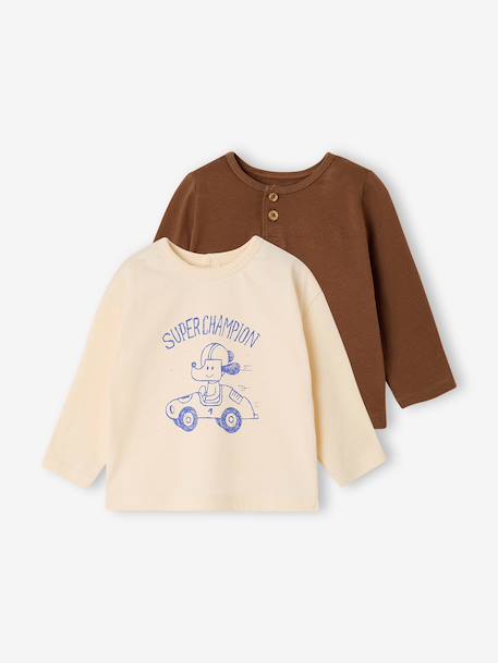 Lot de 2 T-shirts bébé garçon manches longues cacao+vert émeraude 1 - vertbaudet enfant 