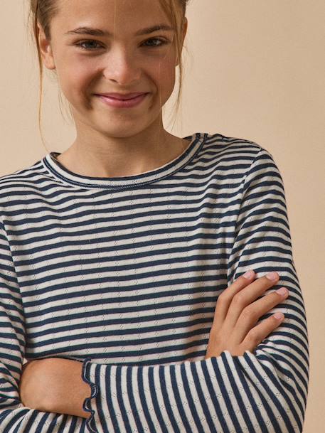 T-shirt en pointelle fille - coton biologique Rayure marine/ecru 3 - vertbaudet enfant 