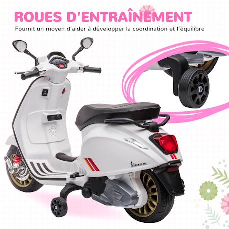 Scooter électrique enfant vespa 6v - musiques, feu av, entrée usb, radio fm - 2 roues auxiliaires Green+Pink+White 18 - vertbaudet enfant 