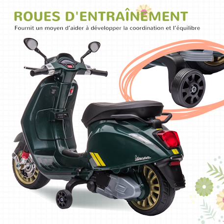 Scooter électrique enfant vespa 6v - musiques, feu av, entrée usb, radio fm - 2 roues auxiliaires Green+Pink+White 6 - vertbaudet enfant 