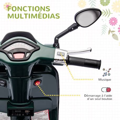 Scooter électrique enfant vespa 6v - musiques, feu av, entrée usb, radio fm - 2 roues auxiliaires Green+Pink+White 5 - vertbaudet enfant 