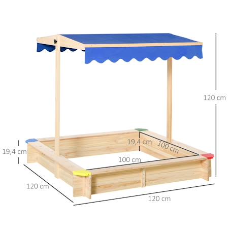 Bac à sable bois carré dim. 1,2l x 1,2l x 1,2h m - hauteur et inclinaison toit réglables - bois naturel de pin Blue 3 - vertbaudet enfant 