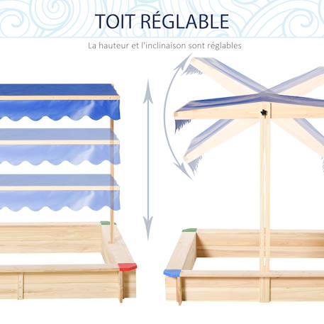 Bac à sable bois carré dim. 1,2l x 1,2l x 1,2h m - hauteur et inclinaison toit réglables - bois naturel de pin Blue 4 - vertbaudet enfant 