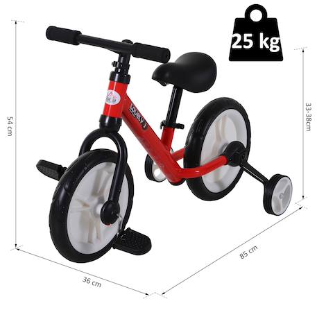 Vélo enfant draisienne 2 en 1 roulettes pédales amovibles hauteur selle réglable Red 3 - vertbaudet enfant 