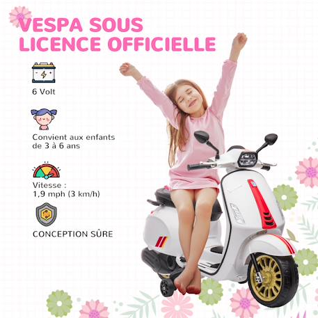 Scooter électrique enfant vespa 6v - musiques, feu av, entrée usb, radio fm - 2 roues auxiliaires Green+Pink+White 16 - vertbaudet enfant 