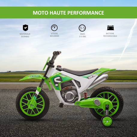 Moto cross électrique enfant 12v 3-8 km/h roulettes auxiliaires amovibles Blue+Green+Red 12 - vertbaudet enfant 