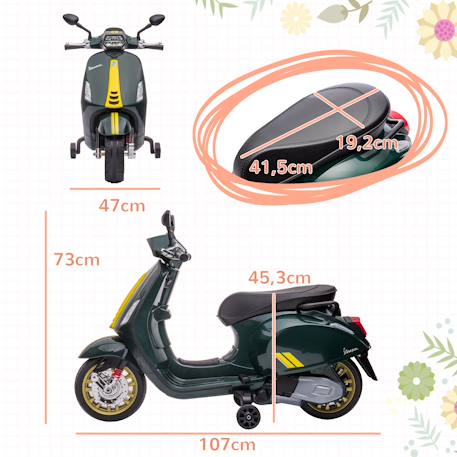Scooter électrique enfant vespa 6v - musiques, feu av, entrée usb, radio fm - 2 roues auxiliaires Green+Pink+White 3 - vertbaudet enfant 