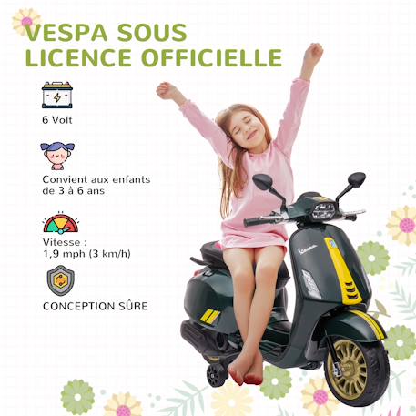 Scooter électrique enfant vespa 6v - musiques, feu av, entrée usb, radio fm - 2 roues auxiliaires Green+Pink+White 4 - vertbaudet enfant 