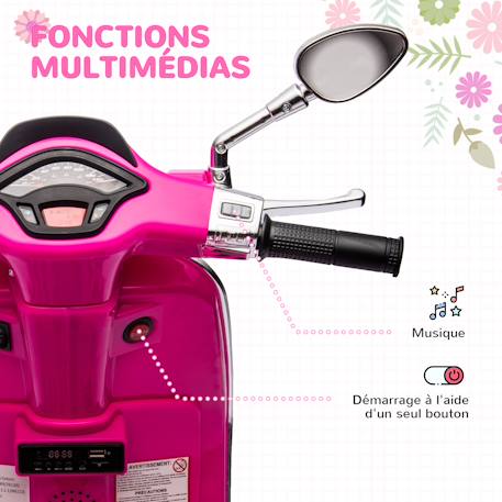 Scooter électrique enfant vespa 6v - musiques, feu av, entrée usb, radio fm - 2 roues auxiliaires Green+Pink+White 11 - vertbaudet enfant 