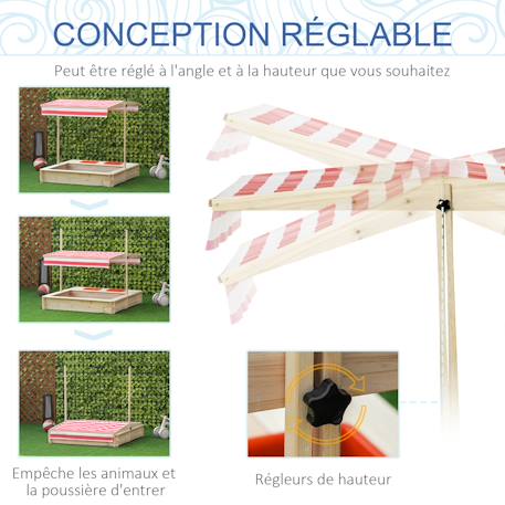 Bac à sable bois carré dim. 1,18l x 1,18l x 1,18h m - hauteur, inclinaison toit réglables, refermable - 2 bacs - bois sapin autoclave Red 2 - vertbaudet enfant 