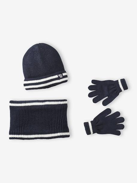 Ensemble garçon bonnet, snood et gants bleu nuit+gris chiné 1 - vertbaudet enfant 